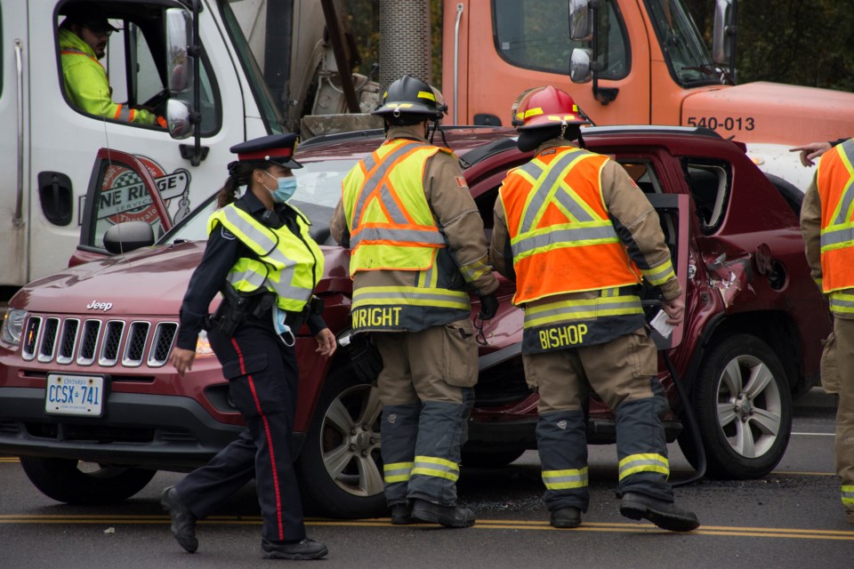 The scene of a collision on Trunk Road on Wednesday, Oct. 13, 2021