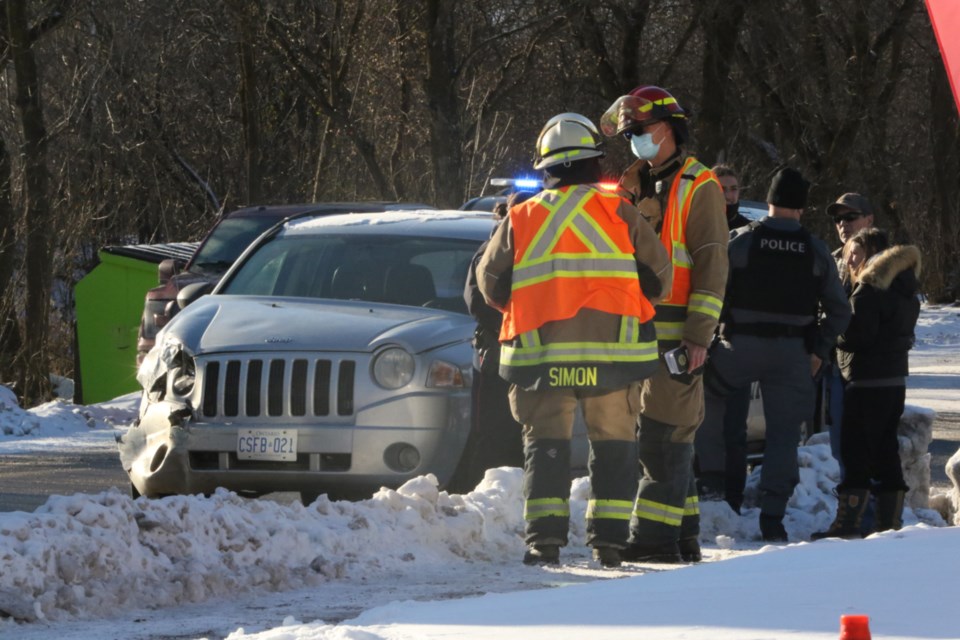 Two vehicles were damaged following a collision at the intersection of John Street and Wellington Street West Friday afternoon. 