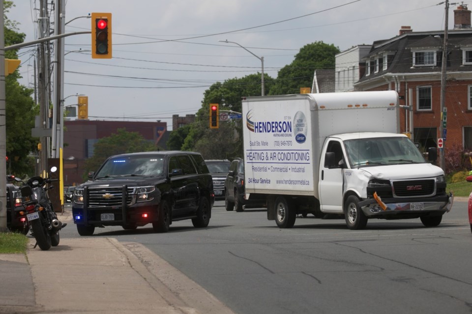 The scene of a collision involving a motorcycle and commercial vehicle at the intersection of Church Street and Wellington Street East on Tuesday, May 31, 2022