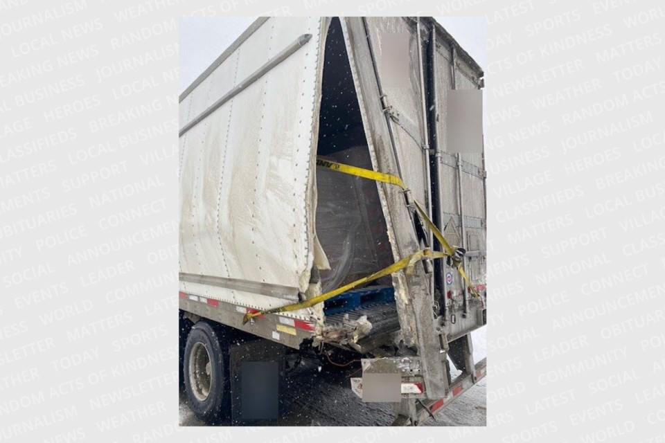 A heavily damaged tractor trailer was removed from the road in Blind River and the driver was charged on Tuesday, Jan. 9, 2024