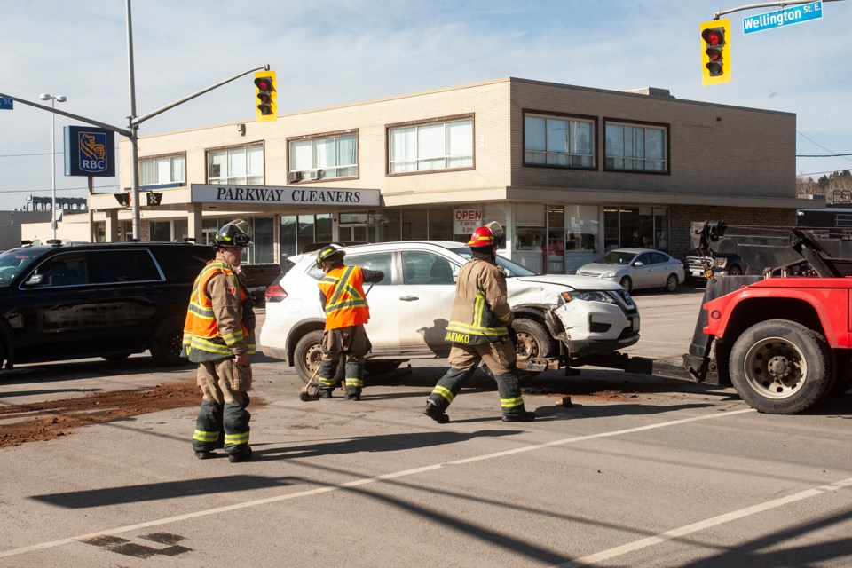 The intersection of Lake Street and Wellington Street East was closed to traffic for a time on Monday afternoon as emergency services responded to a collision involving at least two vehicles. Both vehicles sustained front-end damage in the collision.
