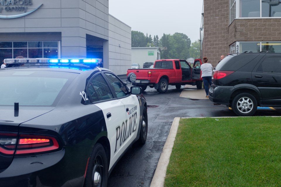 A Mazda B-series pickup truck crossed an opposing lane of traffic, rolled up a sidewalk, knocked over a post and sign, then went across a parking lot into an office building Friday morning said Sault Ste. Marie Fire Service Platoon Chief Damon Ferris. Jeff Klassen/SooToday