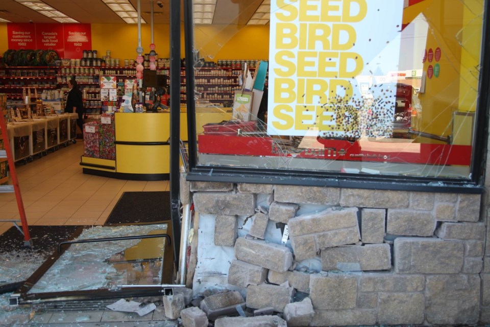 Damaged caused when a car crashed through the doors of Bulk Barn on Great Northern Road. Kenneth Armstrong/SooToday