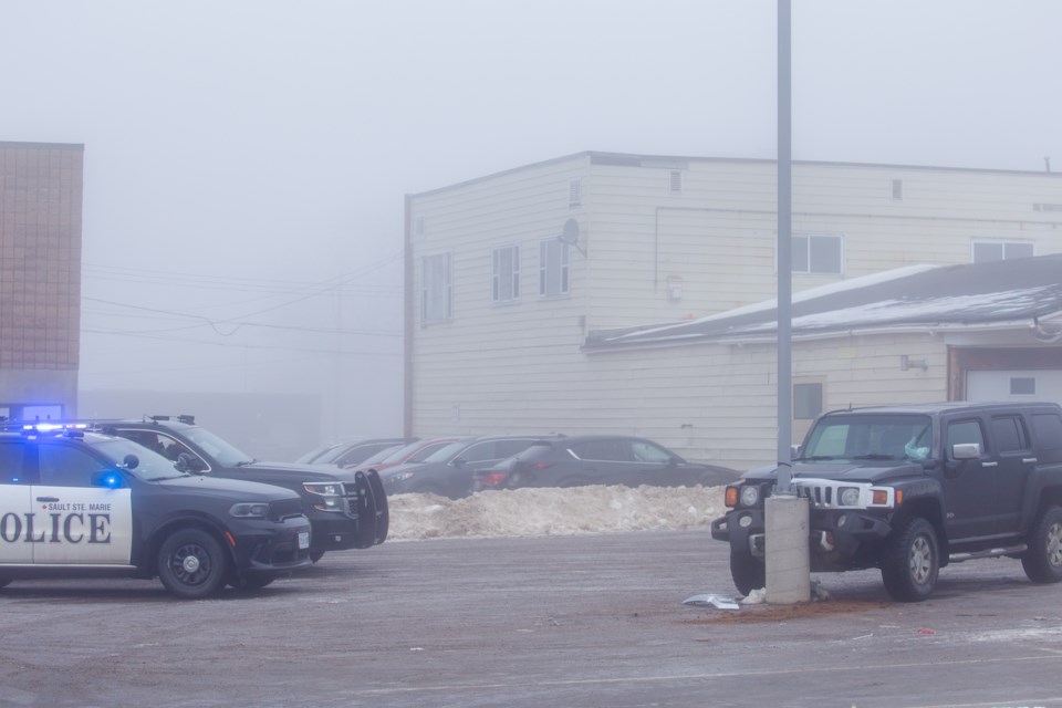 Sault Police at the scene of an apparent collision early Thursday in a parking lot across from the Tim Hortons drive-thru.