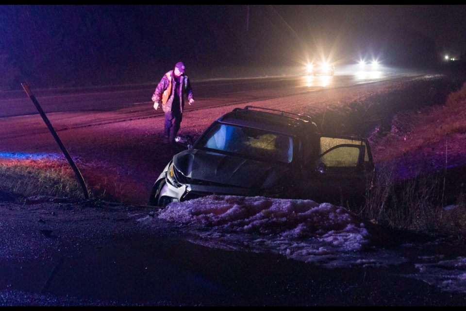 A single vehicle with airbags deployed in the ditch beside Highway 17 between Fifth and Sixth lines Thursday evening.