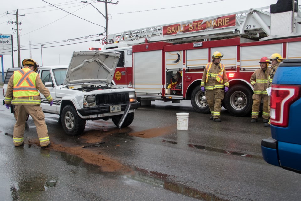 A white Jeep Comanche and a blue Ford F150 collided at the intersection of Old Garden River Road and Second Line East Sunday evening. Jeff Klassen/SooToday