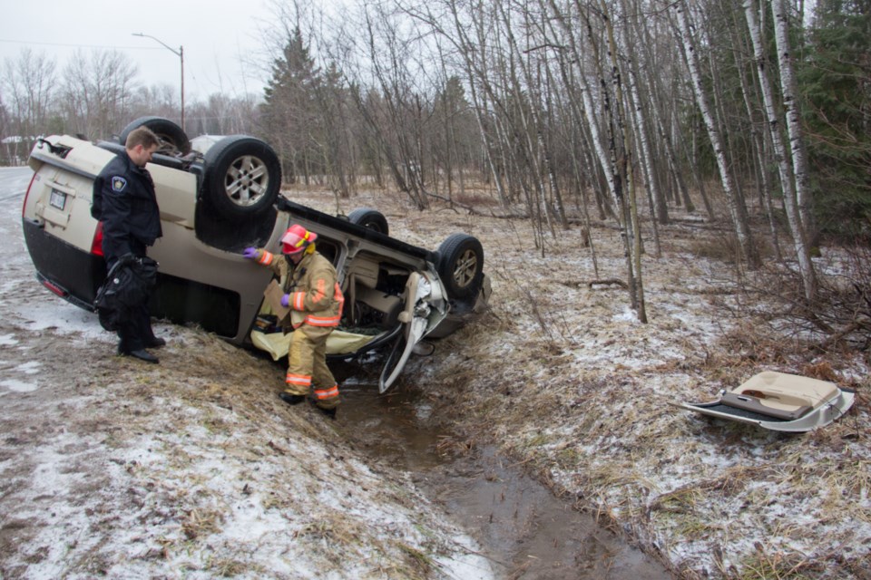 A vehicle was left upside down in a ditch after an incident Tuesday morning. Jeff Klassen/SooToday