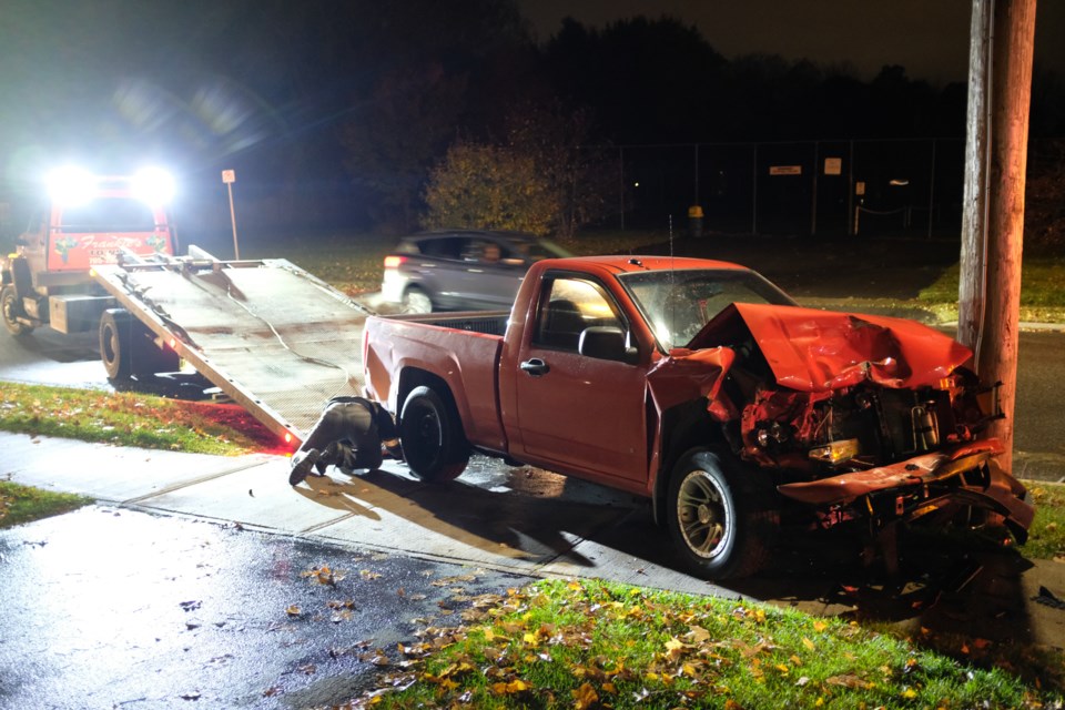 A red Chevrolet Colorado pickup and a purple Ford Edge SEL SUV collided on Shannon Road across from Snowdon Park on Thursday Evening. Jeff Klassen/SooToday