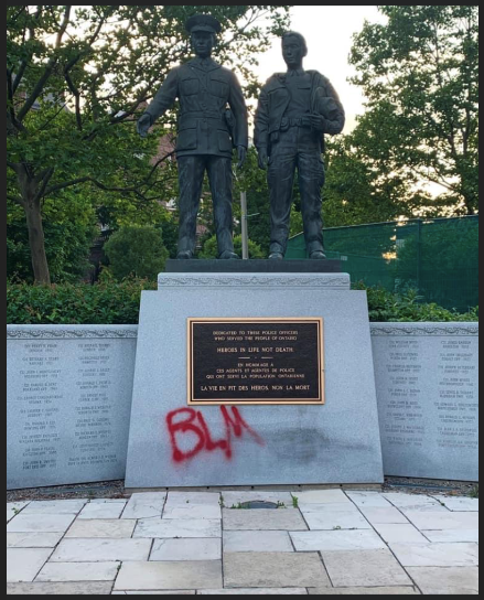 Vandalized monument at Queen's Park. Photo supplied by the OPP