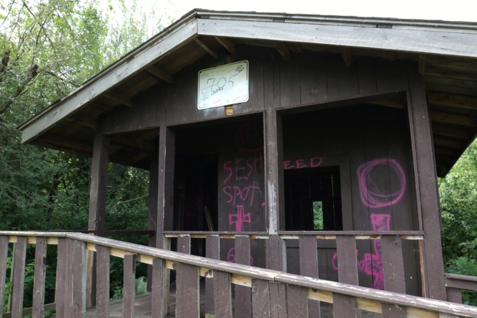 Police in the area are stepping up foot patrols on Whitefish Island after acts of vandalism - like the graffiti on this structure on Whitefish Island - were reported. James Hopkin/SooToday 