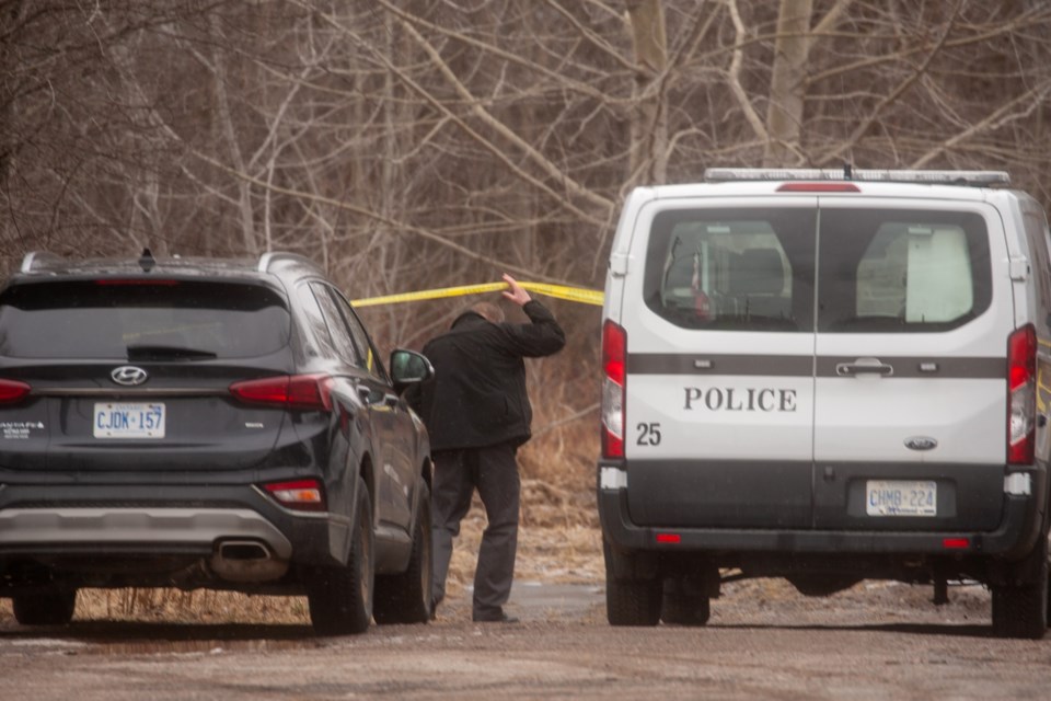 Sault Ste. Marie Police Services vehicles on scene on Langdon Road on March 27, 2024.