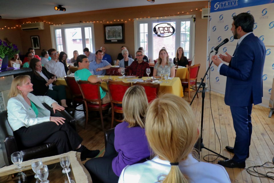 PC Party incumbent Ross Romano speaks to the crowd at the Strive Political Information Night at Low & Slow Thursday night. James Hopkin/SooToday