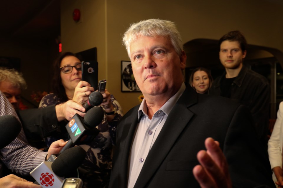 Re-elected MP Terry Sheehan speaks to media after winning the Sault Ste. Marie riding Monday night. James Hopkin/SooToday 