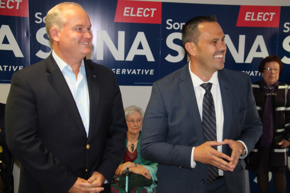 Sault Ste. Marie Conservative candidate Sonny Spina, at right, was joined by Erin O’Toole, Official Opposition critic for Foreign Affairs, at the opening of his campaign headquarters, Aug. 30, 2019. Darren Taylor/SooToday