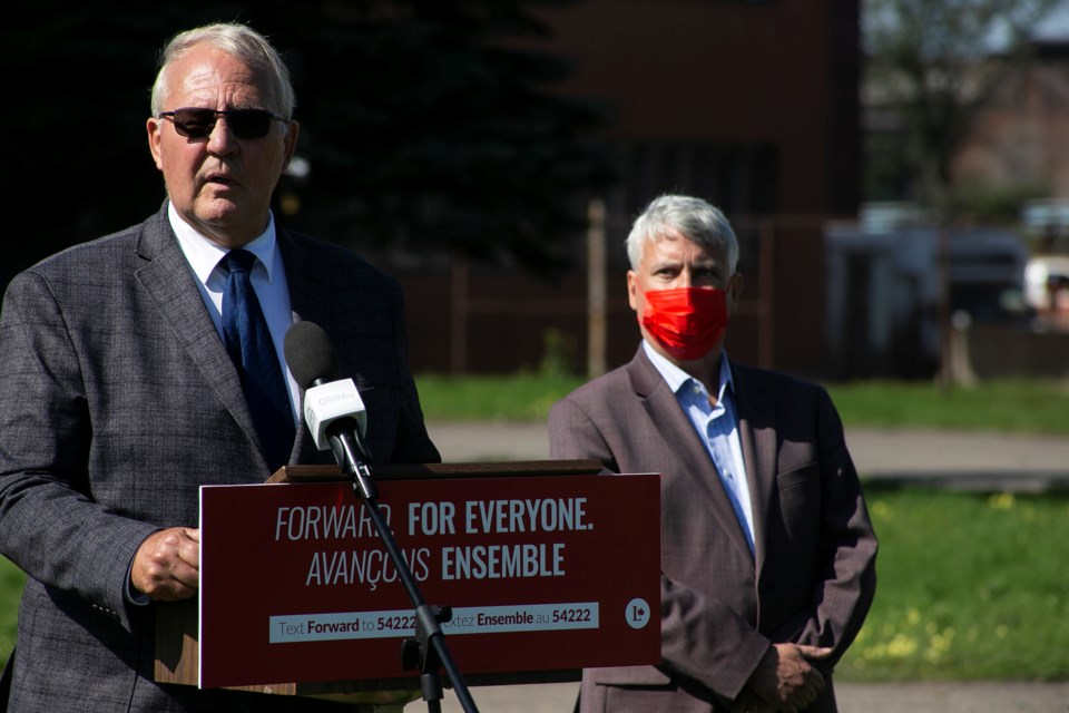 Bill Blair, minister of Public Safety and Emergency Preparedness, speaks at a campaign event Thursday at Algoma Steel alongside local Liberal incumbent candidate Terry Sheehan. Kenneth Armstrong/SooToday