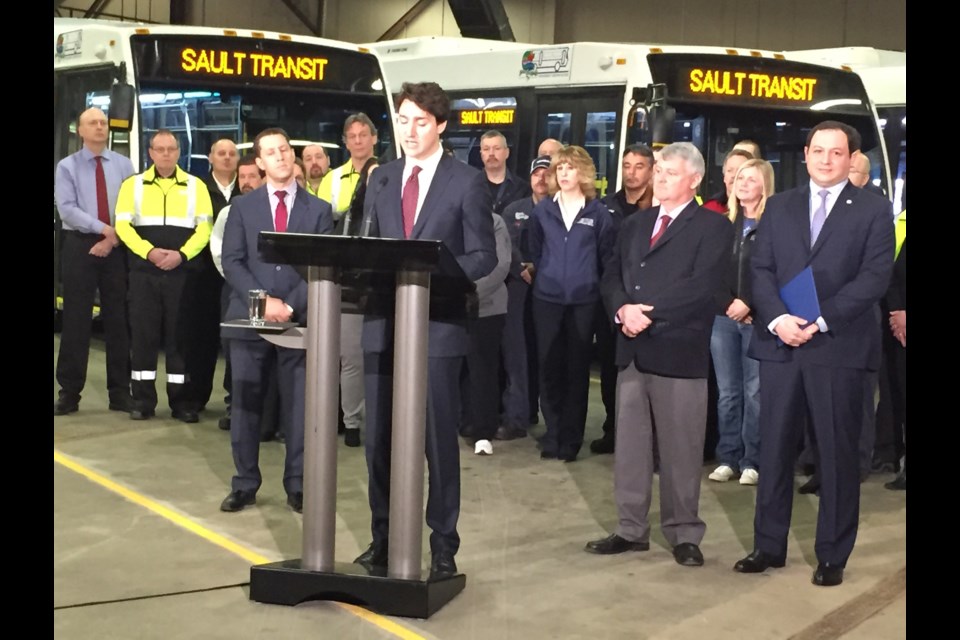 Prime Minister Justin Trudeau addresses reporters at the municipal bus barn this morning. Donna Hopper/SooToday