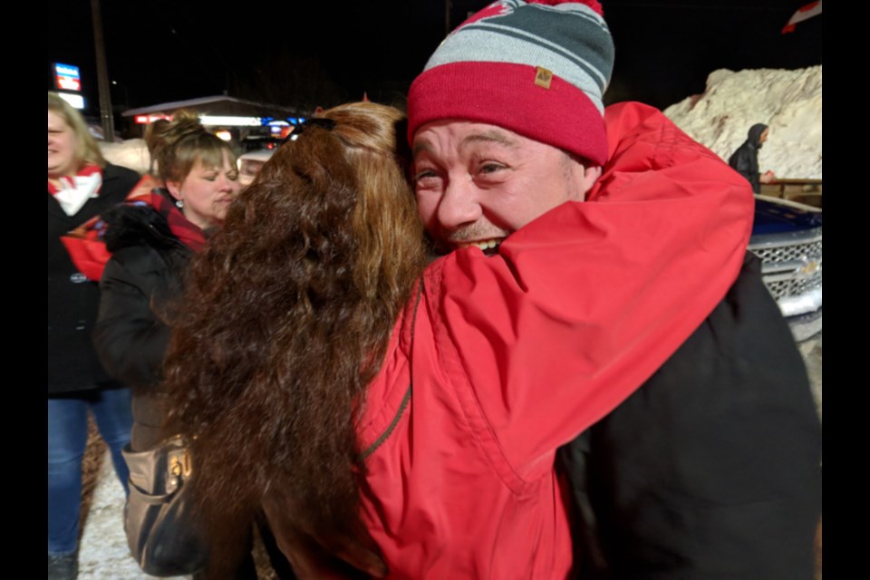 Sault native Patrick King of the United We Roll convoy greets his mother Teresa, Feb. 17, 2019. Darren Taylor/SooToday