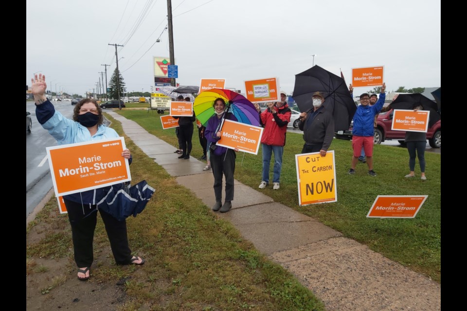 Sault NDP candidate Marie Morin-Strom and supporters held a ‘Rally for the Climate’ at the corner of Great Northern Road and McNabb Street (near the Canadian Tire parking lot) August 27, 2021. Darren Taylor/SooToday