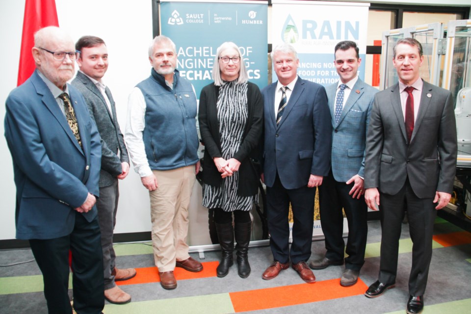 Sault College President Ron Common, Rural Agri-Innovation Network Director David Thompson, Tourism Northern Ontario Executive Director David MacLachlan, Minister of Indigenous Services and Minister responsible for FedNor Patty Hajdu, Sault MP Terry Sheehan, Sault Mayor Matthew Shoemaker and Sault College Dean of Aviation, Trades and Technology, Natural Environment and Business David Orazietti at a $3 million FedNor funding announcement for five Sault organizations, Jan. 19, 2023.
