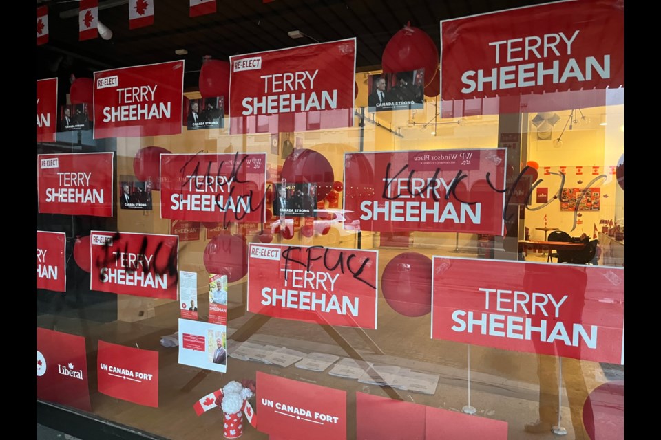 Signs at Sault Ste. Marie - Algoma Liberal candidate Terry Sheehan's campaign office were vandalized, April 19, 2025. 