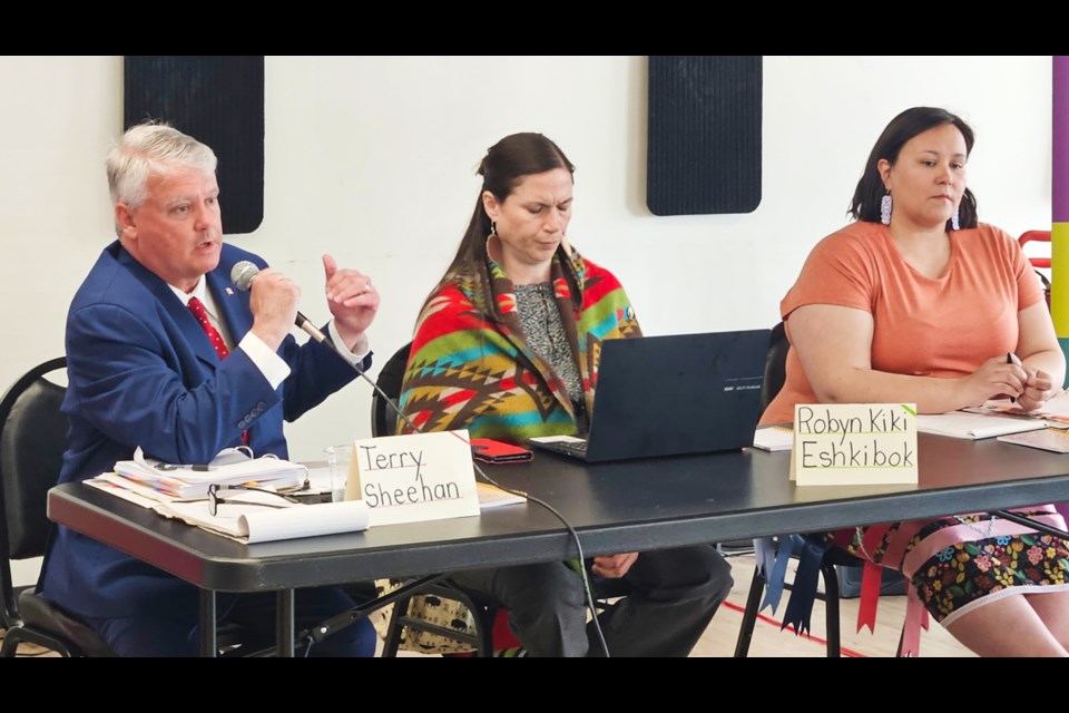 Liberal candidate Terry Sheehan, Robyn Kiki Eshkibok of the Green Party of Canada and NDP candidate Laura Mayer at a Sault Ste. Marie-Algoma riding question and answer session with seniors at Royal Canadian Legion Branch 25, April 23, 2025.