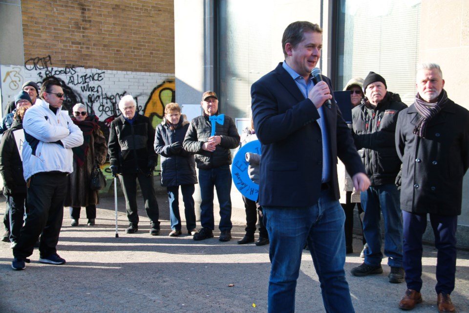 Conservative MP Andrew Scheer and supporters protested the Liberal government’s carbon tax and planned tax hike outside Sault MP Terry Sheehan’s office, March 28, 2024.