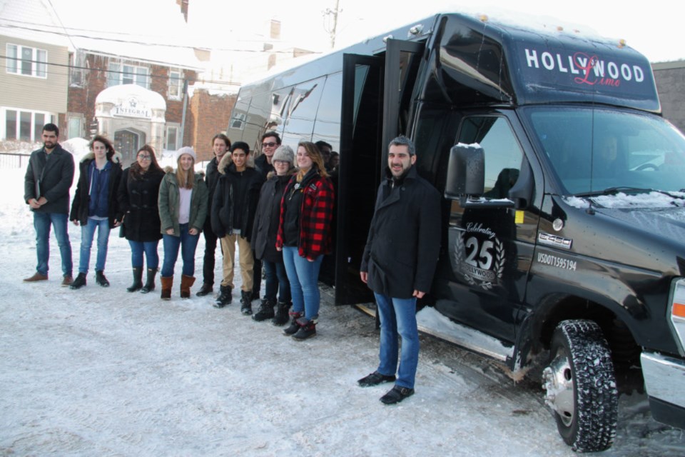 Sault MPP Ross Romano and local students prepare to board a bus for a visit to JD Aero as the first stop in a tour of several locally-based industries to investigate  employment prospects for Sault and area youth, Feb. 15, 2019. Darren Taylor/SooToday   