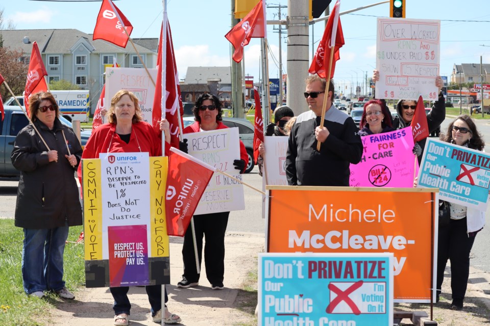 RPNs represented by Unifor Local 1359 gathered in front of Sault Area Hospital to protest what they say is the Ford government's unfair compensation for healthcare workers. 