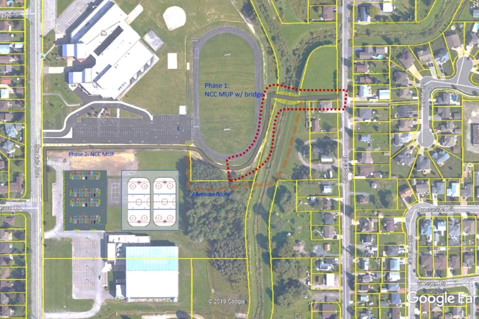 Northern Community Centre multi-use path: first phase will run toward the Northern Community Centre twin ice pads from Cooper Street to a point just south of the Korah Collegiate track