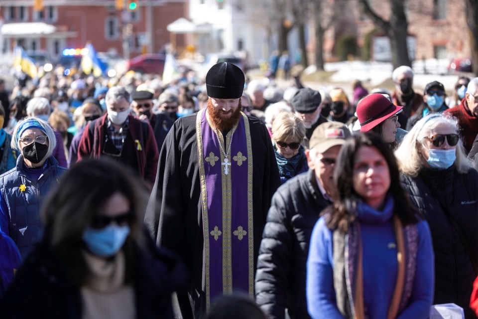 Hundreds walk in support of the people of Ukraine during an interfaith walk for peace held Sunday in Sault Ste. Marie.