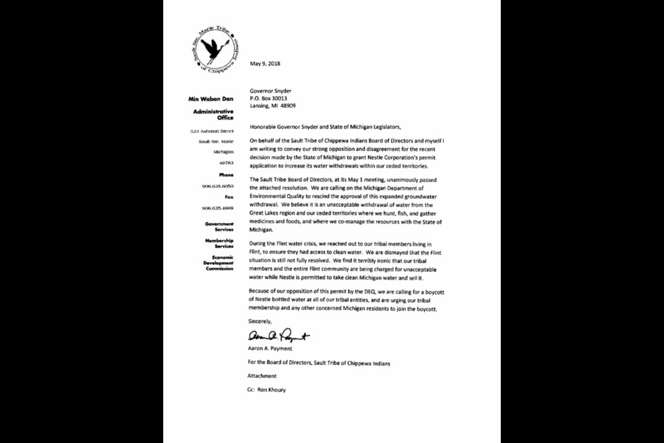 A letter to Michigan governor Rick Snyder from Sault Tribe board of directors is calling on the state of Michigan to rescind its approval of Nestle's expanded groundwater withdrawal. Document supplied by Bridgett Sorenson