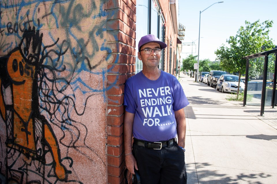 Les Lampkin photographed after completing his 'walk around the world.' It took Lampkin years to put in the 40,000-plus kilometres walking around Sault Ste. Marie in support of SOYA.