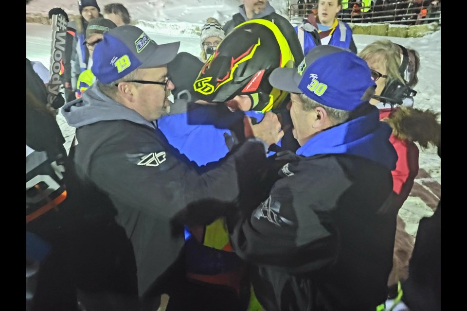 Joey Burch of Tommie Bauer Racing Team #19 celebrates with team after winning 500-mile race by a fraction of a second. Sara Eisinger/SooLeader