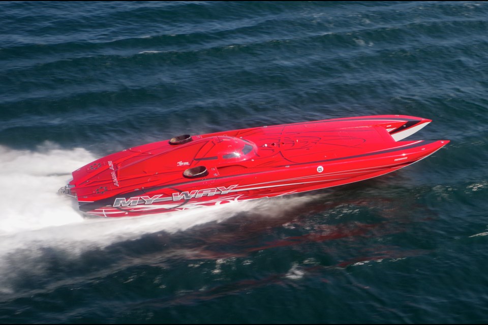 Bill Tomlinson's 50-foot Mystic Cat 'My Way' is powered by twin 3000 horsepower Lycoming Turbine T-55 engines. Having once clocked in at 224 mph, 'My Way' is the fastest boat at this year's 2017 CAN/AM President’s Cup VIP Poker Run. Image Supplied