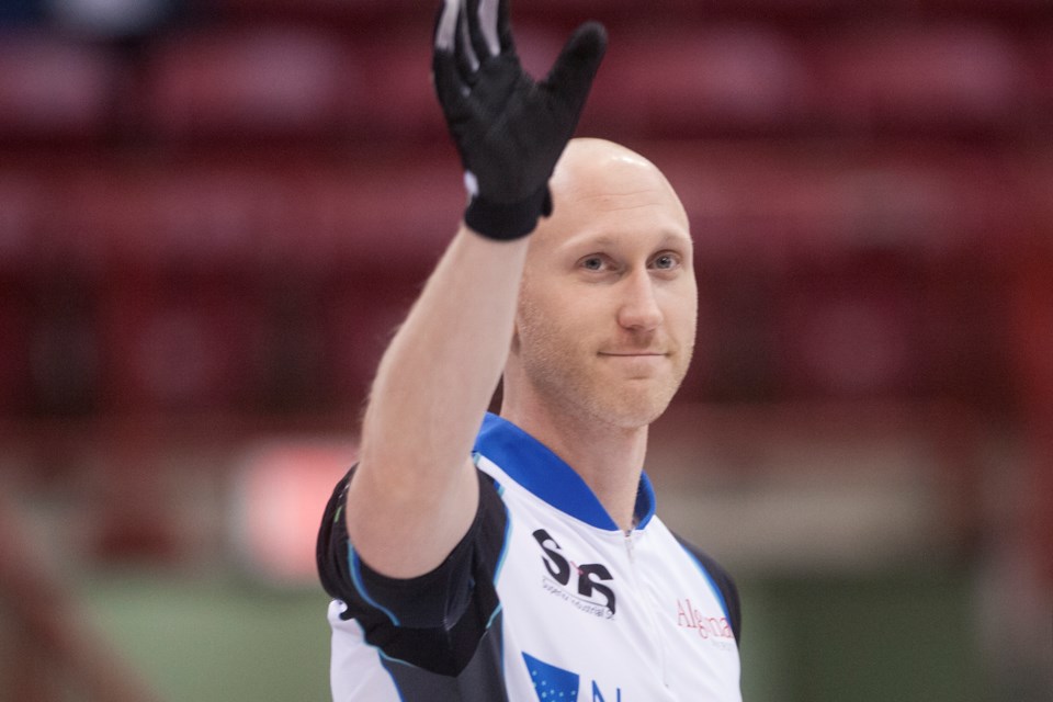 Skip Brad Jacobs acknowledges the home crowd immediately prior to a draw against Team Bottcher at the 2016 Boost National Pinty's Grand Slam of Curling event held Dec. 6, 2016 at the Essar Centre in Sault Ste. Marie, Ont. Kenneth Armstrong/SooToday