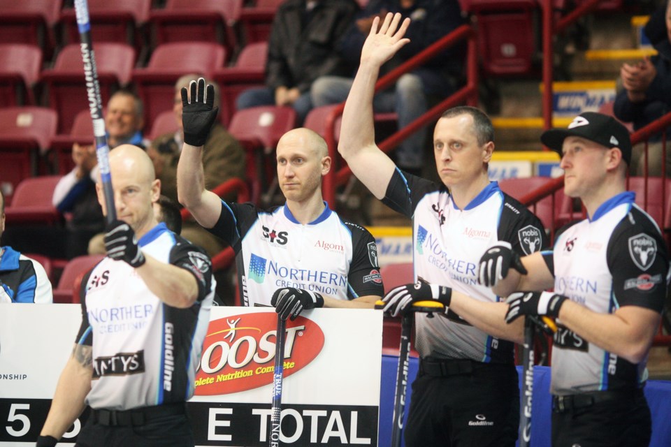 Team Jacobs members acknowledge the home crowd immediately prior to their draw against Team Horgan during day 2 of the 2016 Boost National Pinty's Grand Slam of Curling event held Dec. 7, 2016 at the Essar Centre in Sault Ste. Marie, Ont. Kenneth Armstrong/SooToday
