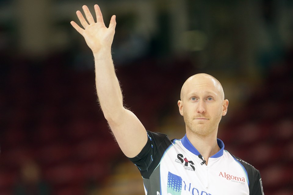 Skip Brad Jacobs acknowledges the home crowd immediately after winning the semi-final game against Team Gushue during the 2016 Boost National Pinty's Grand Slam of Curling semi-final held Dec. 10, 2016 at the Essar Centre in Sault Ste. Marie, Ont. Kenneth Armstrong/SooToday