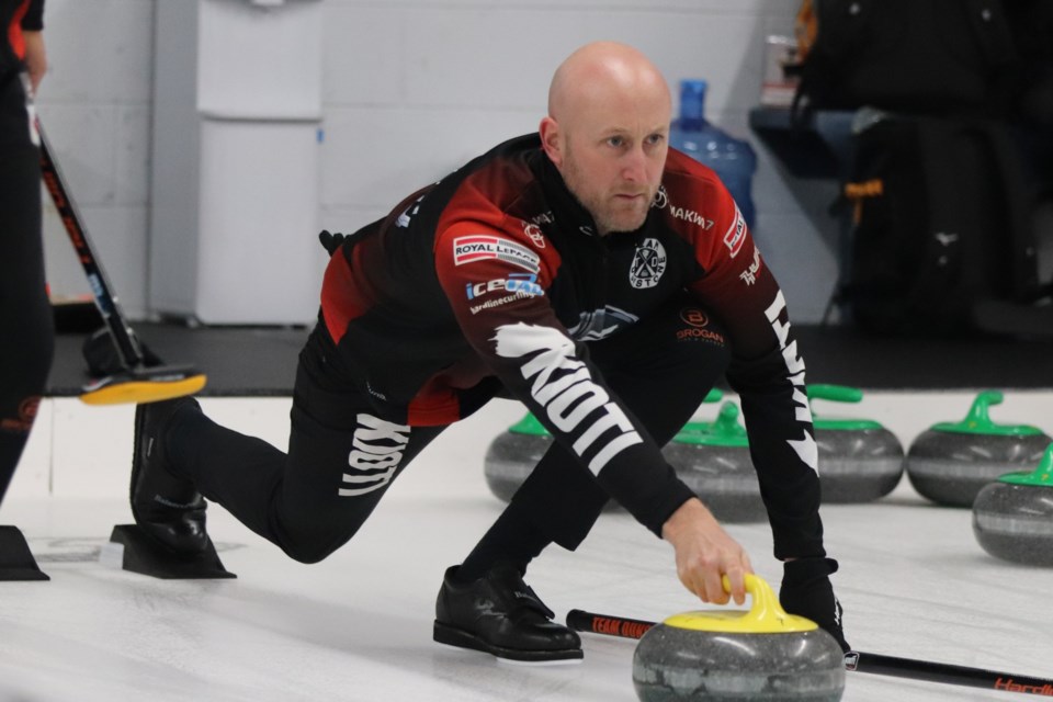 File photo. Ryan Harnden in action with Team Dunstone on opening day action from the 2023 Soo Curlers Fall Classic in Sault Ste. Marie on Oct. 26, 2023.