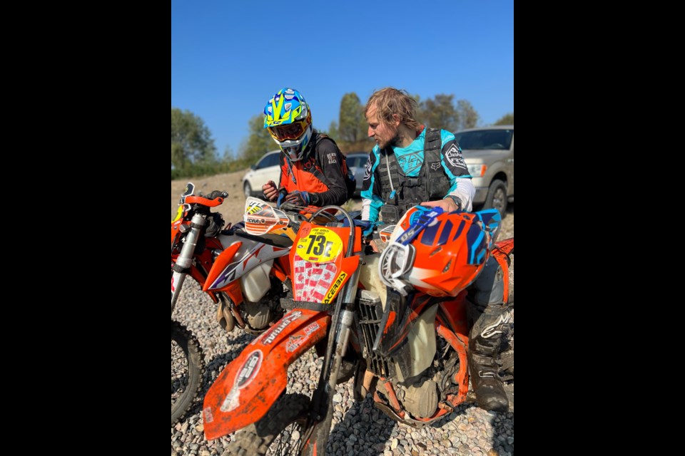 Sault brothers Tyler Wright (in orange) and Cody Wright (in blue) successfully finished the two-day Promation Corduroy Enduro - presented by GP Bikes and billed as ‘Canada’s Toughest Race’ - in Gooderham, Ontario, Sept. 23 and 24, 2023.
