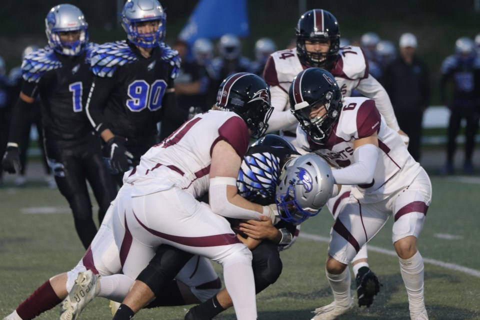 Senior high school football action between the St. Mary's Knights and Superior Heights Steelhawks at Superior Heights on Sept. 23, 2022.