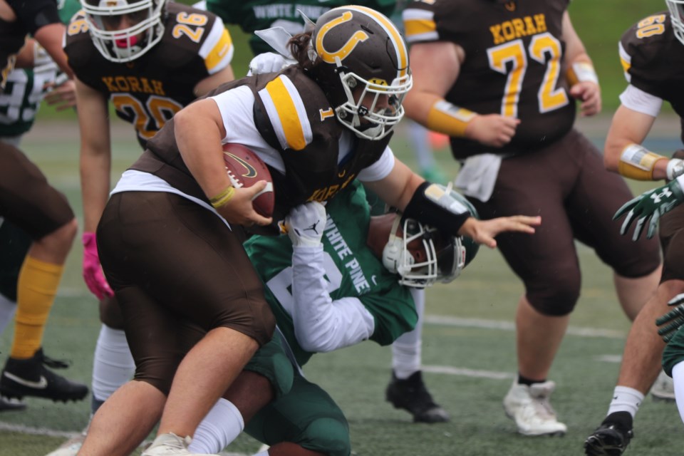 Senior high school football action between Korah and White Pines at Superior Heights on Sept. 10, 2023.