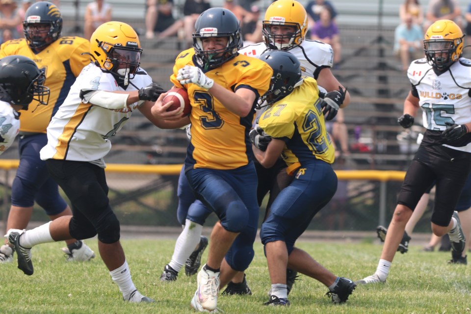 OSFL action between the Sault Sabercats and North Bay Bulldogs at Rocky DiPietro Field on June 3, 2023.