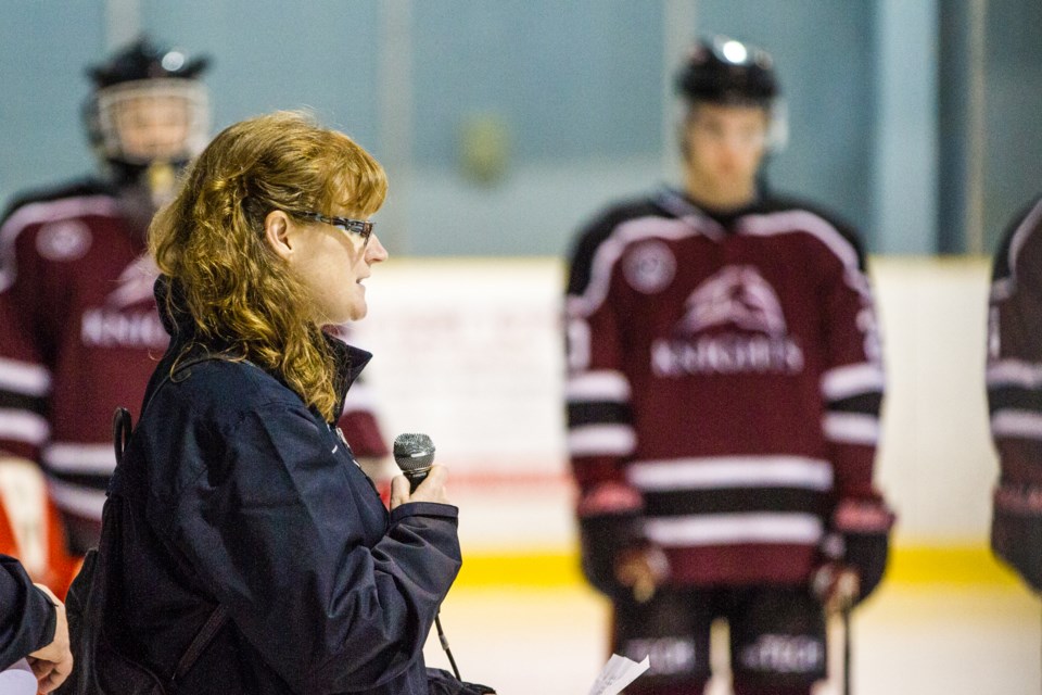 Sandra Desmoulin offered opening remarks during the inaugural Dezzy Cup in honour of Colin Desmoulin at the John Rhodes Arena on Friday, Dec. 2, 2016. Donna Hopper/SooToday