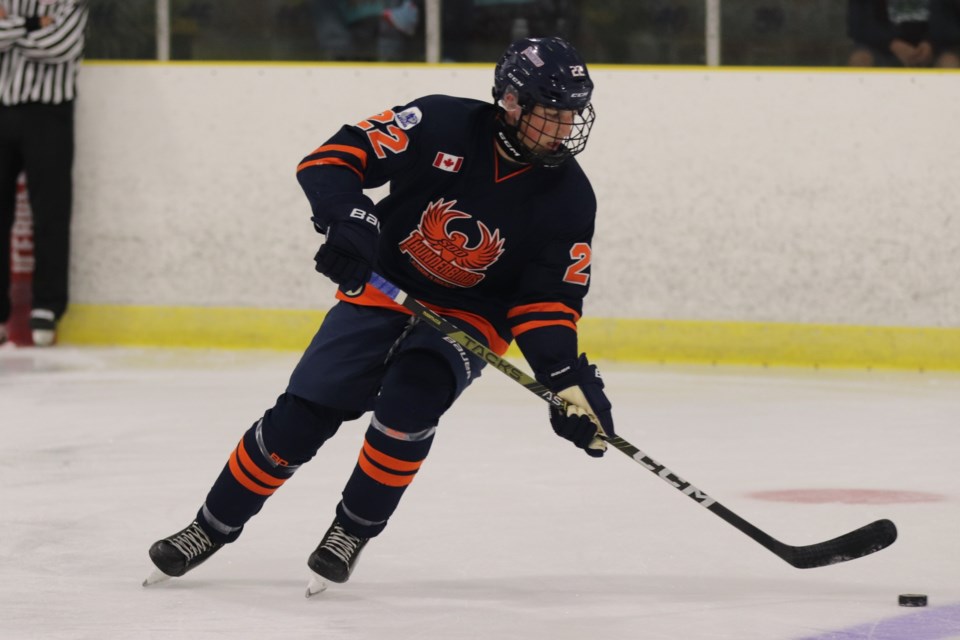 Candon O'Neill warming up prior to a Northern Ontario Junior Hockey League game with the Soo Thunderbirds earlier this season.