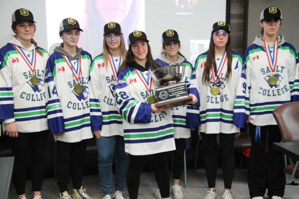 Members of the Sault College Cougars women’s hockey team that won the American Collegiate Hockey Association Division 2 national championships, March 23, 2023. 