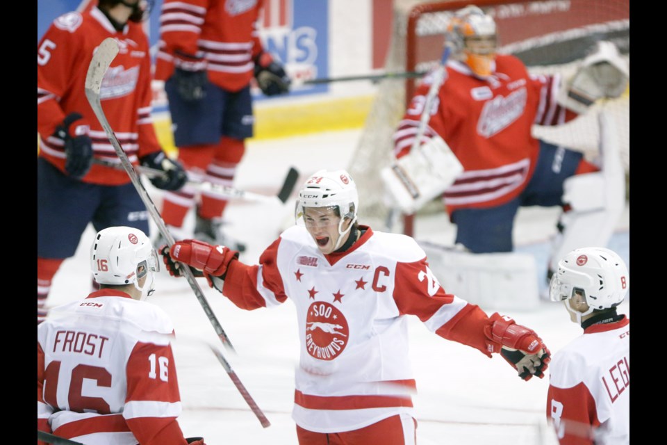 Bobby McIntyre of the Soo Greyhounds (24) celebrates his goal in the 1st Period of tonight's game against the visiting Oshawa Generals at the Essar Centre in Sault Ste. Marie. Kenneth Armstrong/SooToday