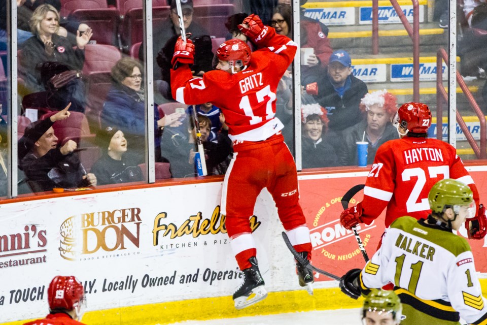 Alex Gritz celebrates a goal as the Soo Greyhounds hosted the North Bay Battalion on Sunday, Feb. 26, 2017. Donna Hopper/SooToday
