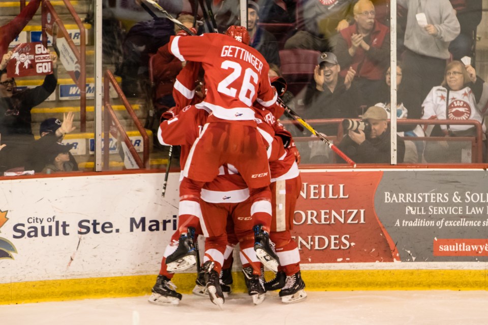 Tim Gettinger celebrates a goal as the Soo Greyhounds defeated the Saginaw Spirit in game 2 of round 1 of the OHL Playoffs at the Essar Centre on Sunday, March 25, 2018. Donna Hopper/SooToday