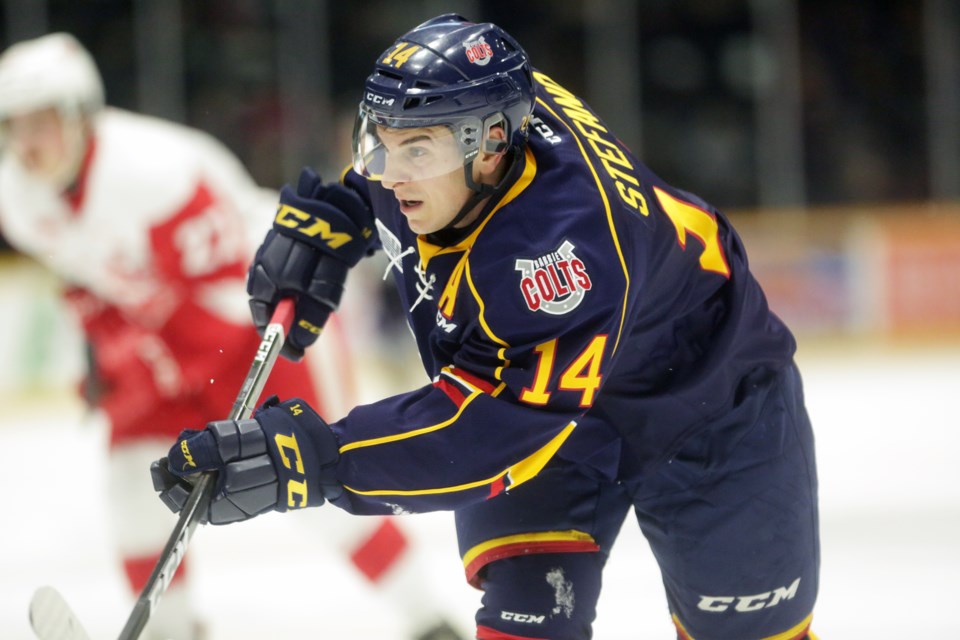 Anthony Stefano is shown in a 2017 file photo playing for the Barrie Colts. Kenneth Armstrong/SooToday