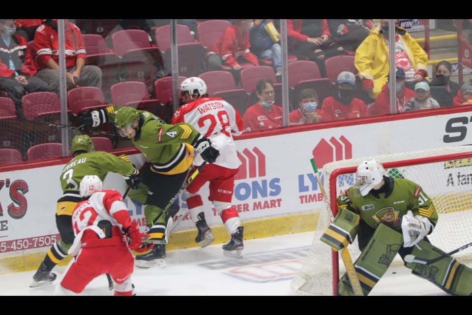 Action between the Soo Greyhounds and North Bay Battalion at the GFL Memorial Gardens on Oct. 8, 2021.